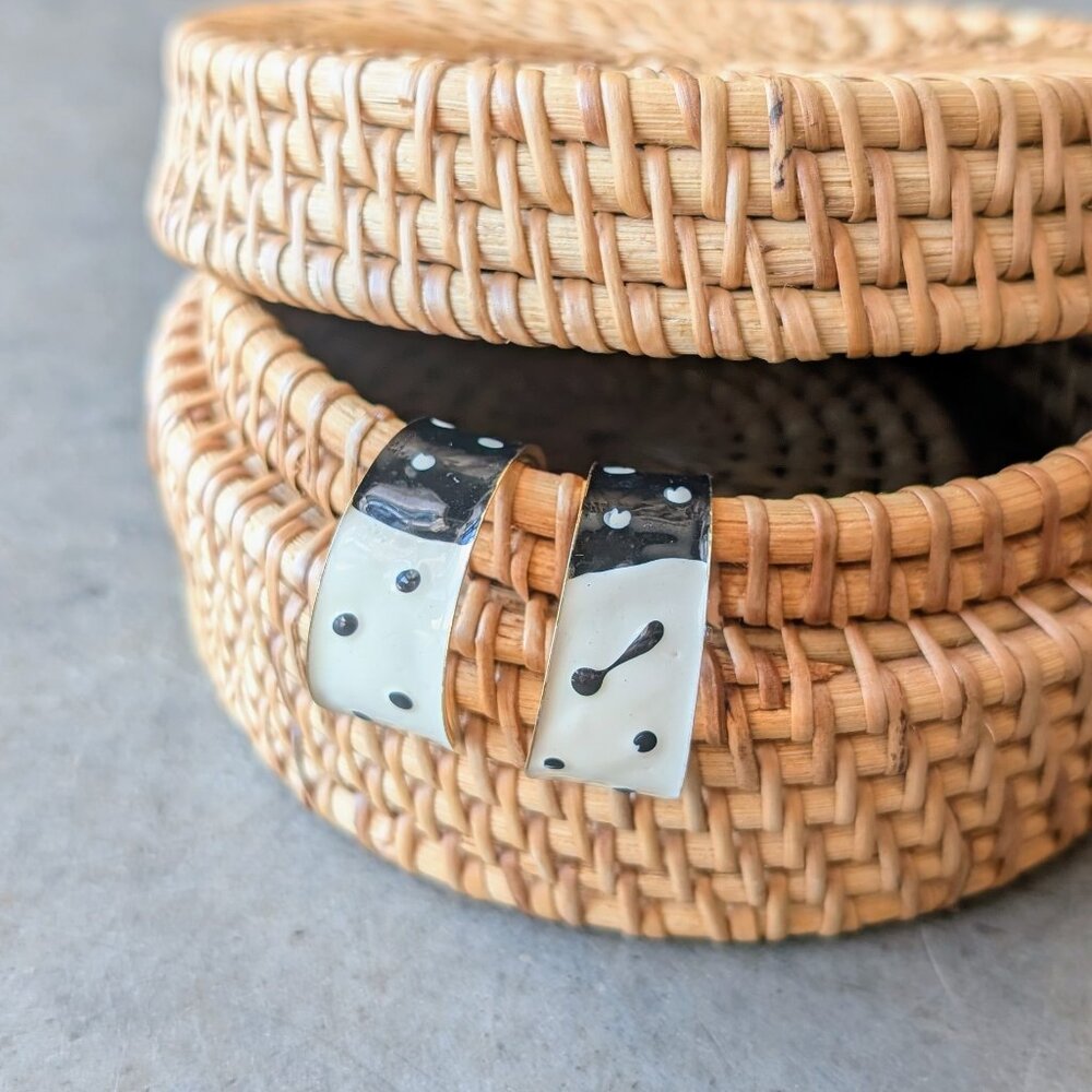Vintage Mid Mod Black White Polka Dot Gold Half Hoop Post Earrings